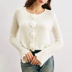 Damen kurze Strickjacke mit dekorativem Blumenknopf
