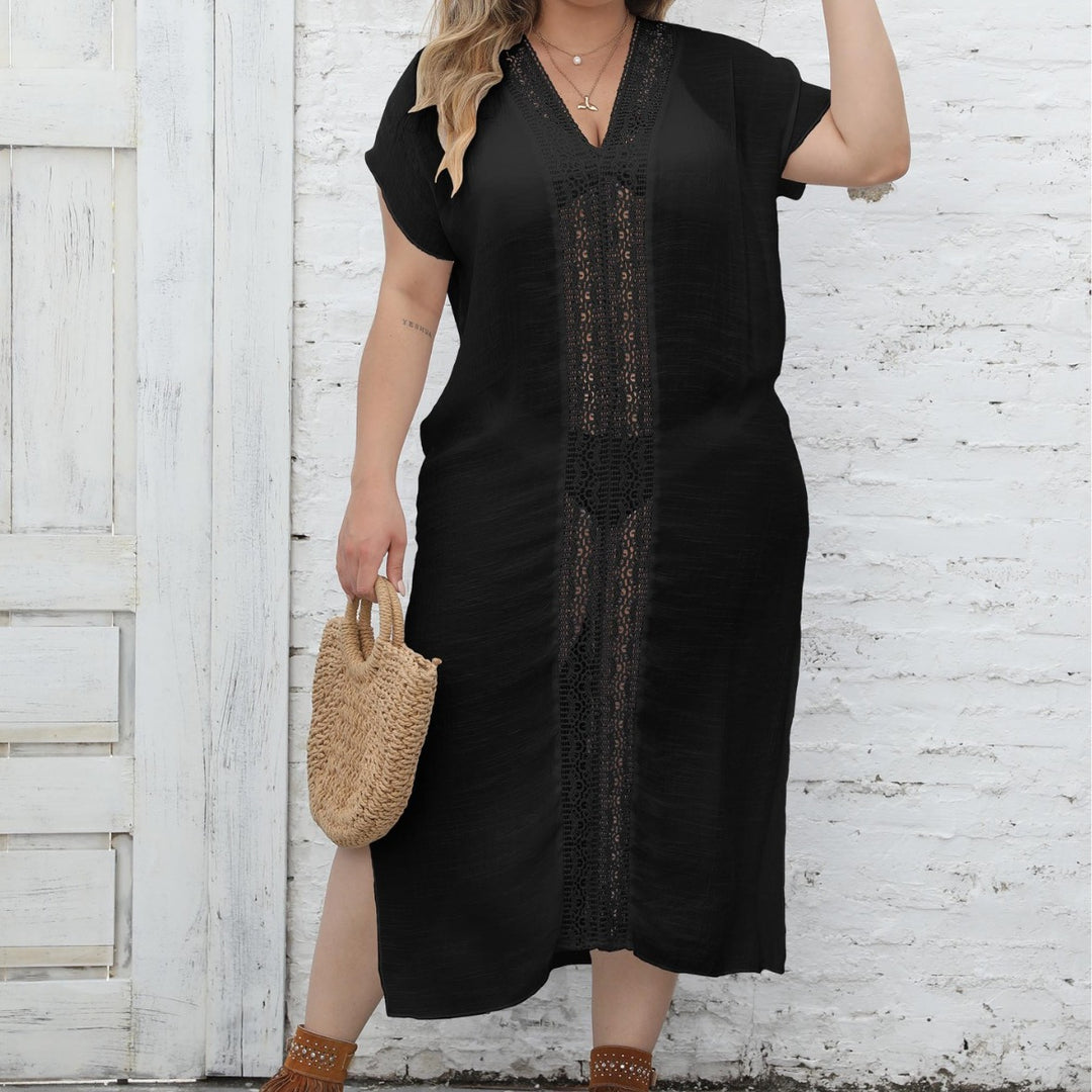 Damen eleganter Maxi-Kaftan mit großzügigem V-Ausschnitt und filigranen Häkelakzenten R&B