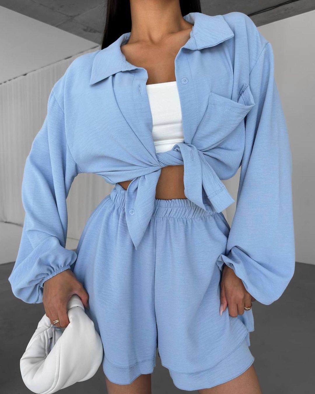 Damen Entspanntes Shorts-Set mit Oversized Hemd R&B