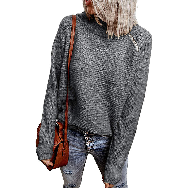 Damen lässiger Strickpullover mit hochgeschlossenem Kragen und dekorativen Nähten R&B