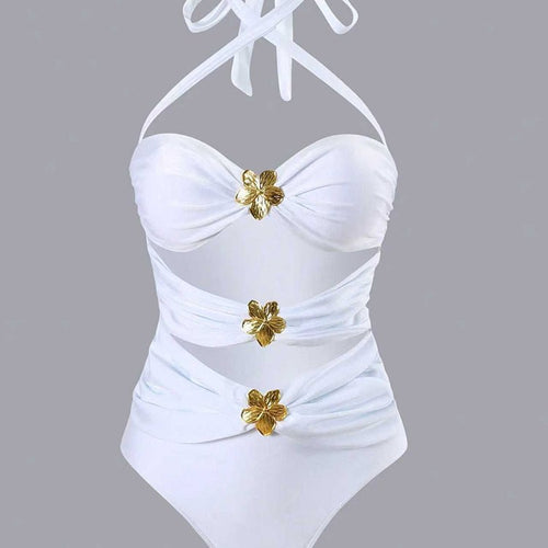 Damen Designer Badeanzug mit elegantem Wickeldesign und goldenen Akzenten R&B