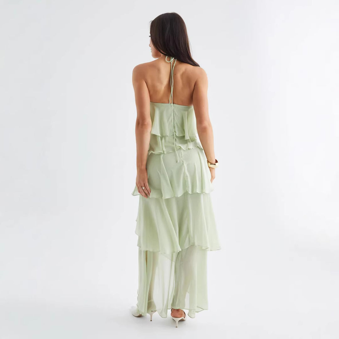 Damen Luftiges Chiffon-Maxikleid mit Rüschendetails und elegantem Halterneck R&B