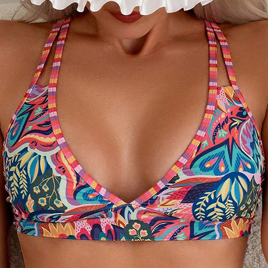 Damen Triangel-Bikinioberteil mit floralem Muster und sportlichen Trägern R&B