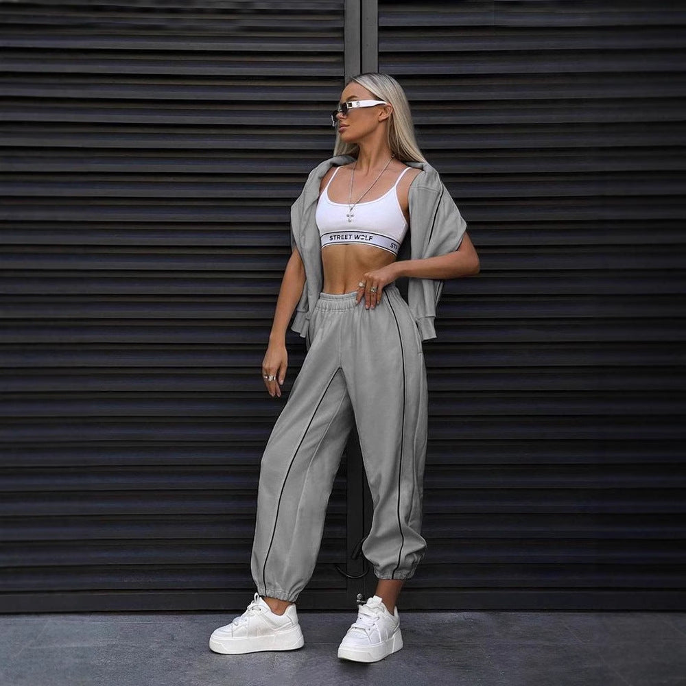 Damen nan kurzes Crop-Sweatshirt und lässige Jogginghose mit kontrastierenden Paspeln R&B