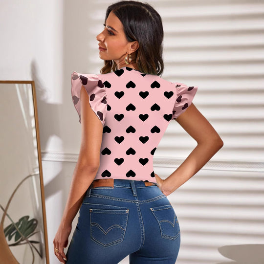 Damen Kurzarm T-Shirt mit Rüschenärmel und Herzmotiv R&B