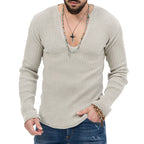 Herren lässiger Ripp-Pullover mit tiefem V-Ausschnitt und feiner Struktur R&B