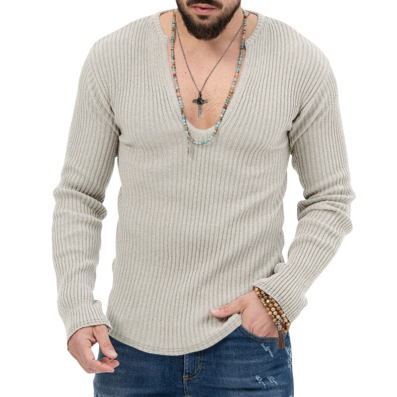 Herren lässiger Ripp-Pullover mit tiefem V-Ausschnitt und feiner Struktur R&B