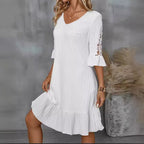 Damen Kurzarm Kleid mit voluminösem Saum und Spitzenärmeln R&B