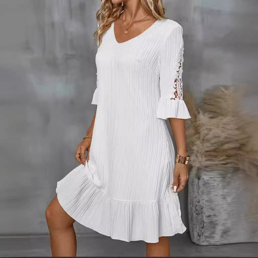 Damen Kurzarm Kleid mit voluminösem Saum und Spitzenärmeln R&B