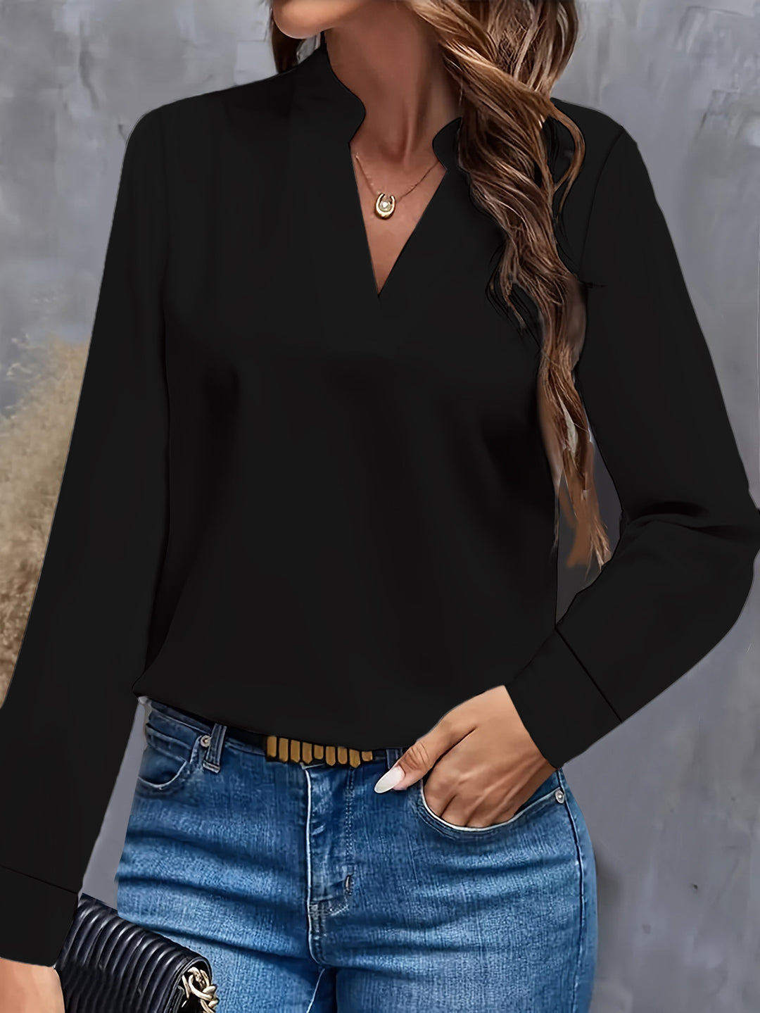 Damen Bluse mit Stehkragen und langen Ärmeln R&B