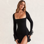 Damen Langärmliges Wickelkleid mit asymmetrischem Schnitt und eleganten Taillenzug R&B