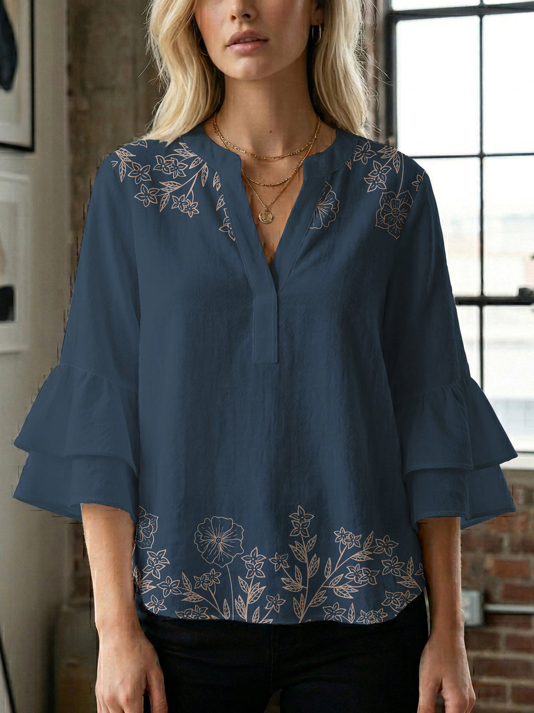 Damen Bluse mit voluminösen Rüschenärmeln und floralem Druck R&B