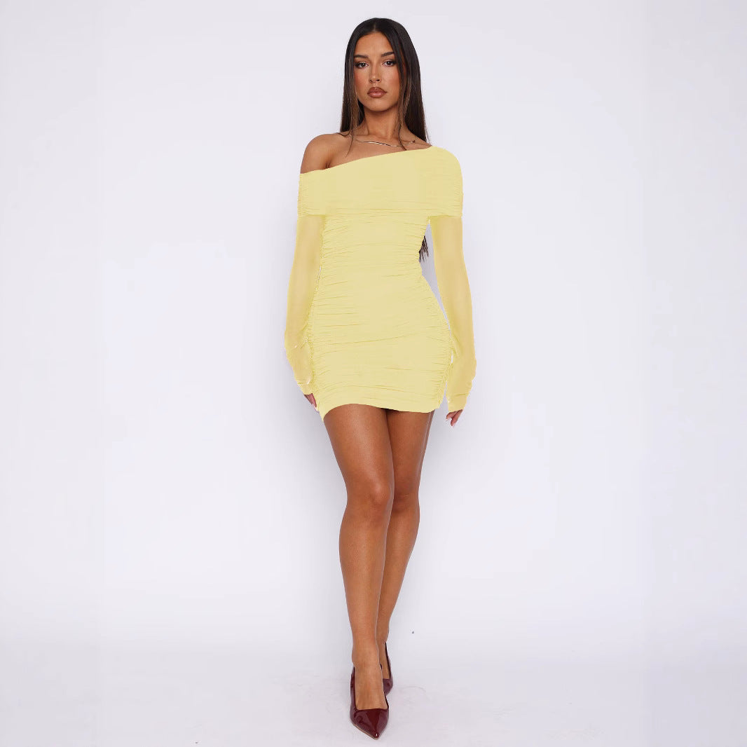 Damen Elegantes Minikleid mit asymmetrischen Ärmel und Raffung R&B