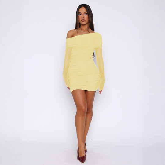 Damen Elegantes Minikleid mit asymmetrischen Ärmel und Raffung R&B