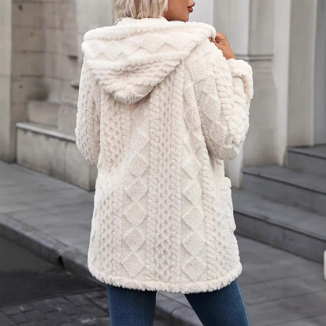 Damen angenehme und weiche Plüschjacke mit Kapuze und Taschen R&B