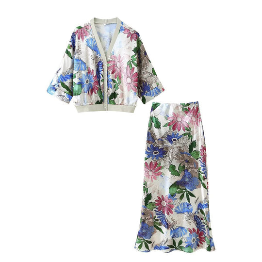 Damen Blütenmuster Set mit Kurzjacke und maxikleid R&B