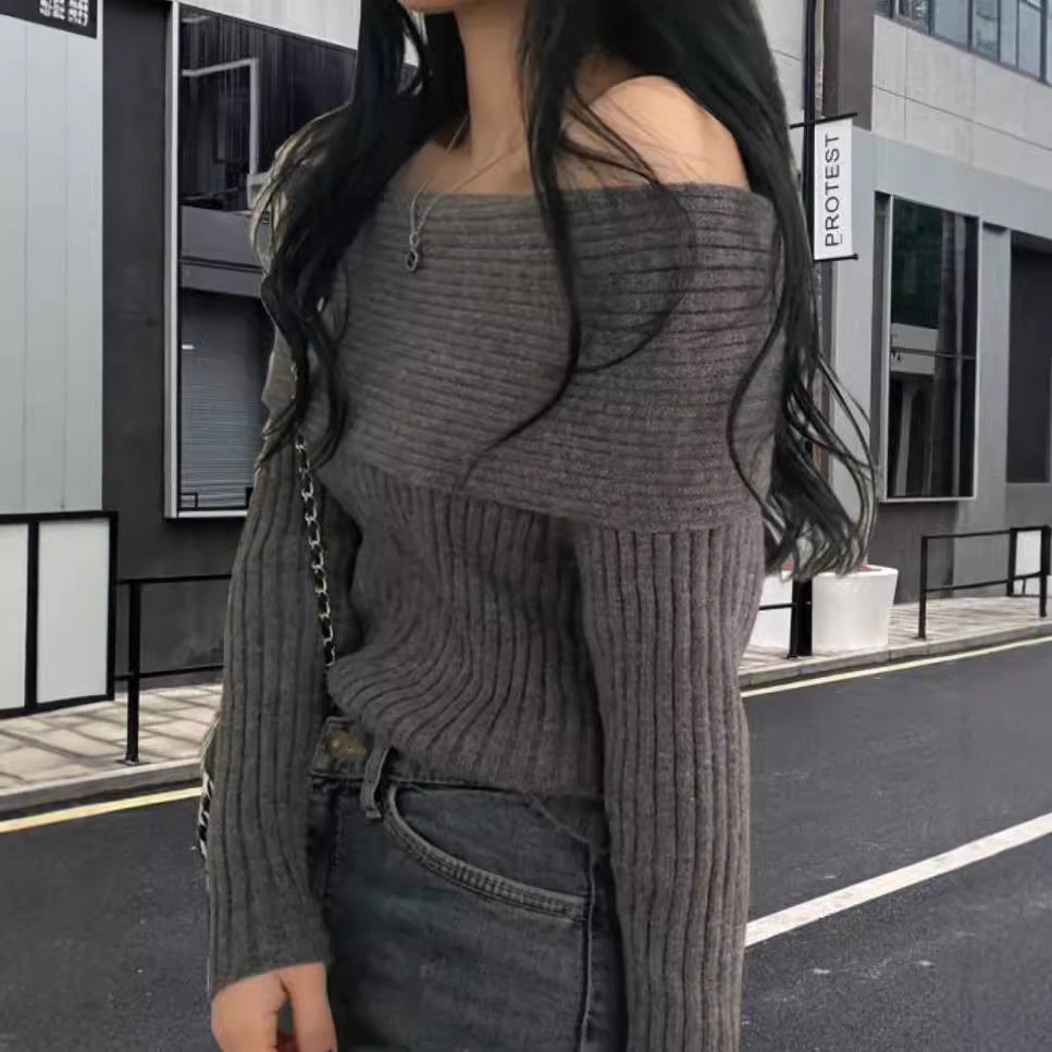 Damen Off-Shoulder Strickpullover mit elastischem Rippdesign R&B