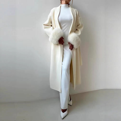 Damen eleganter, warmer Mantel mit luxuriösen Fellsärgen R&B
