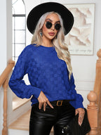 Damen lässiger Strickpullover mit Karomuster und weit ausgestellten Ärmeln R&B