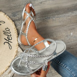 Damen elegante geflochtene Riemensandalen mit trendigem Metallic-Finish R&B