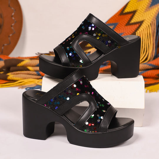 Damen Glamouröse Plateau-Pantoletten mit Glitzer-Applikationen R&B