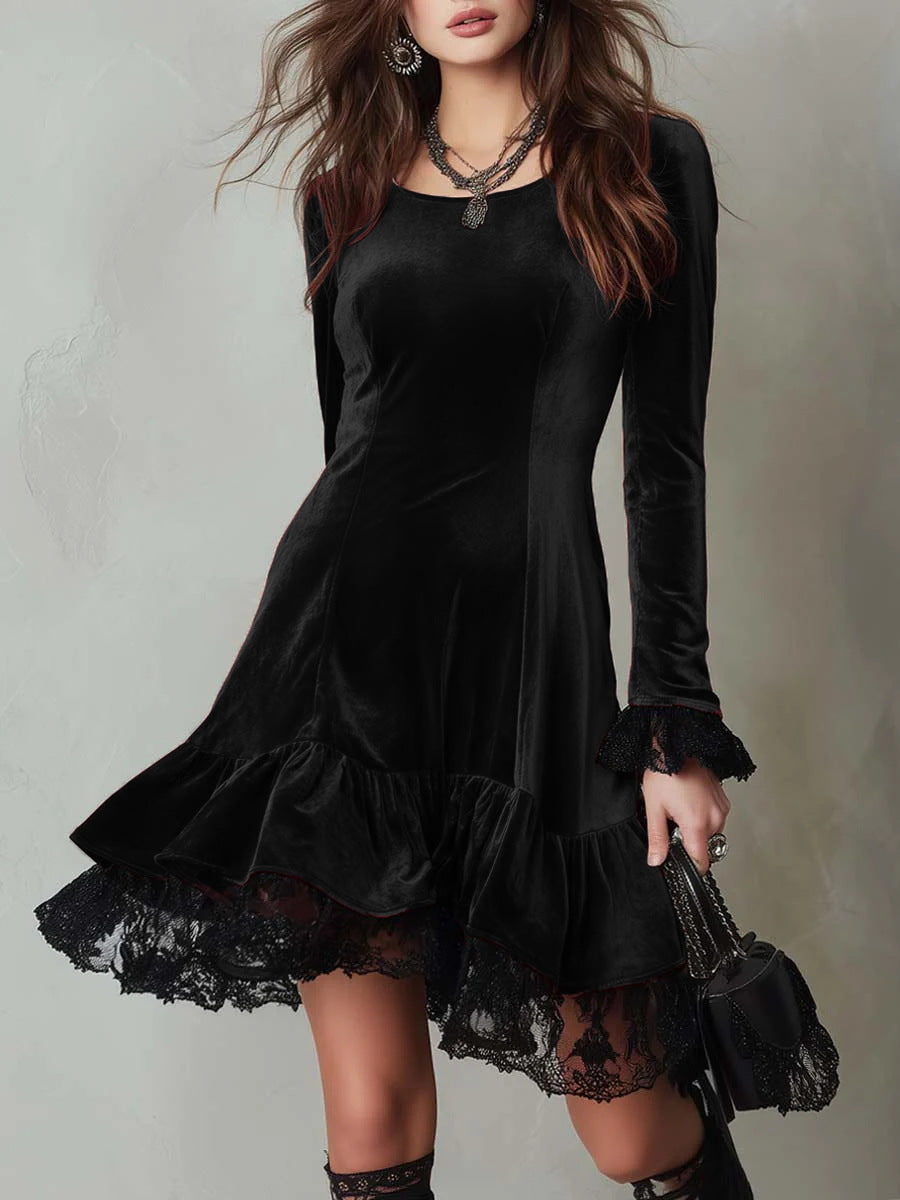 Damen Samt Minikleid mit Spitzenvolant und langen Ärmeln R&B