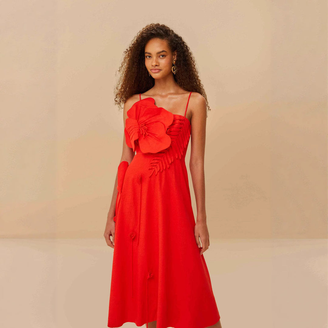 Damen Midi-Kleid mit kunstvollen Rüschendetails und verstellbaren Spaghettiträgern R&B