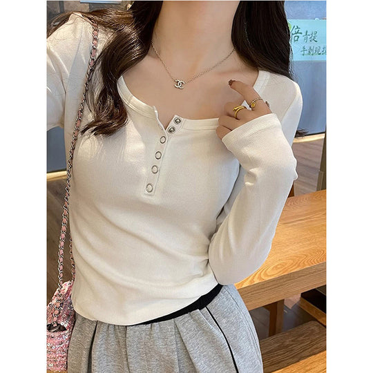 Damen Langarmshirt mit Knopfleiste und feiner Rippstruktur