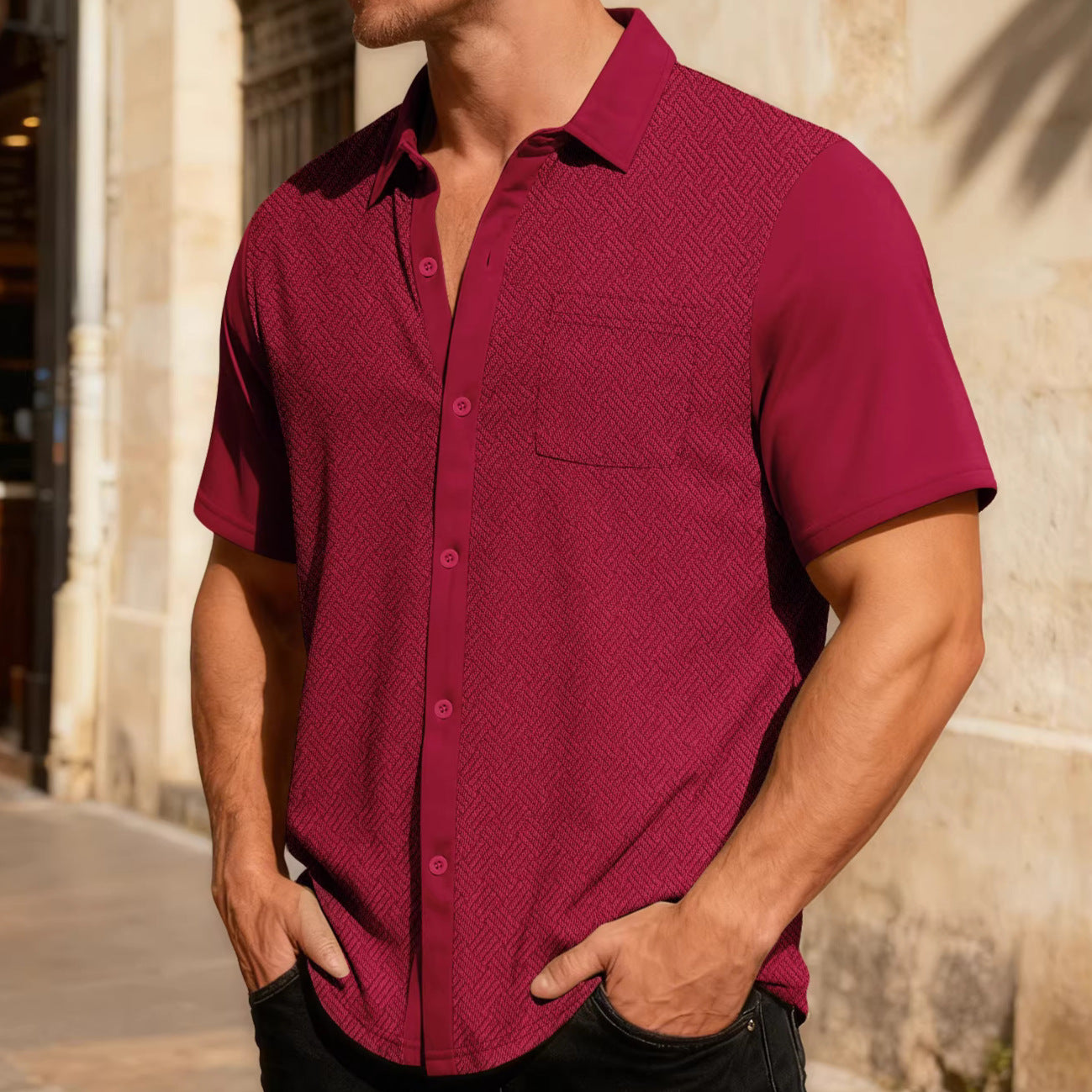 Herren nan legeres Kurzarmhemd mit Jacquardstruktur, kontrastierter Knopfleiste und Brusttasche R&B