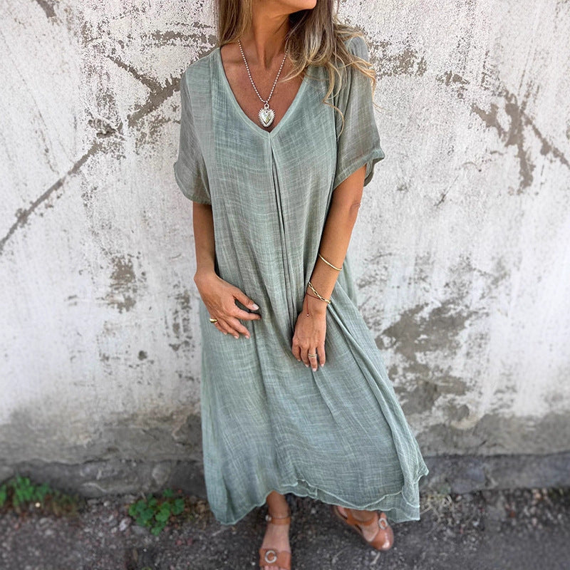 Damen lässiges Maxikleid aus leichtem Stoff mit V-Ausschnitt und kurzem Arm R&B