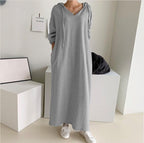 Damen nan lässiges Kapuzen-Maxikleid mit V-Ausschnitt, langen Ärmeln, lockerem geradem Schnitt und elastischen Bündchen R&B