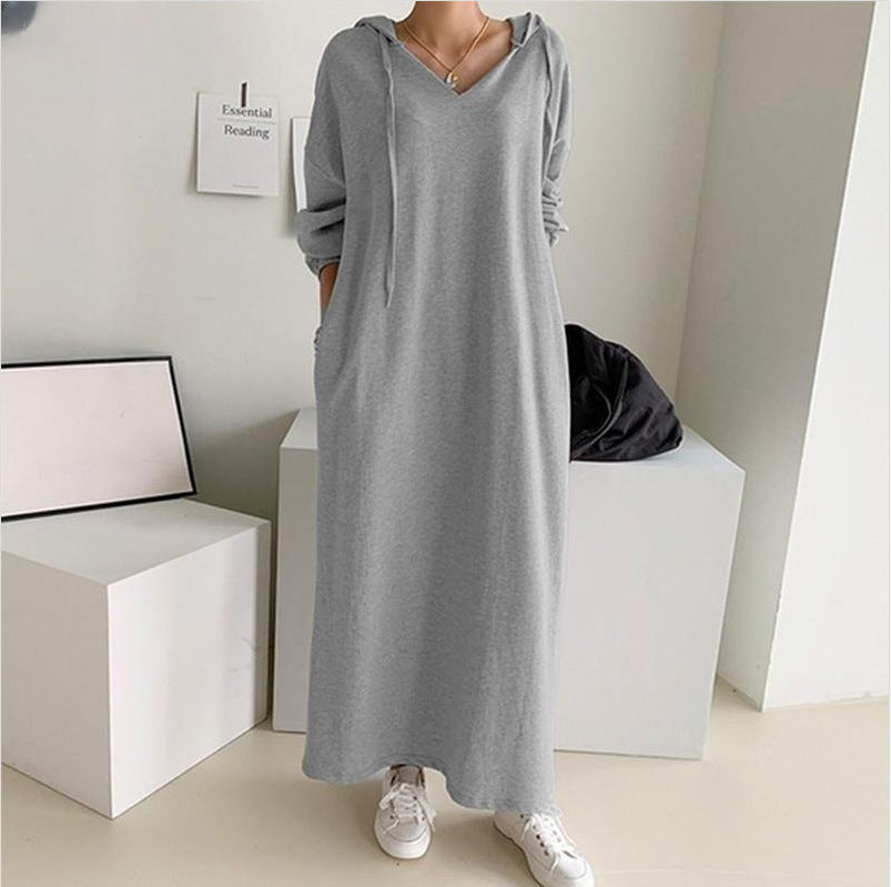 Damen nan lässiges Kapuzen-Maxikleid mit V-Ausschnitt, langen Ärmeln, lockerem geradem Schnitt und elastischen Bündchen R&B