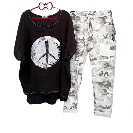 Damen nan lässiges Freizeit-Zweiteiler mit weit geschnittenem Leinenoptik-Shirt, Peace-Symbol und Camouflage-Jogpant mit Patchdetails R&B