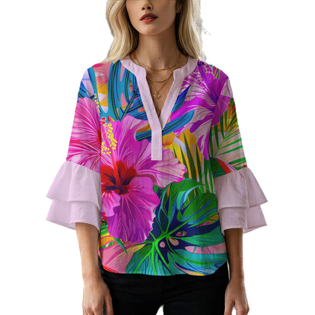 Damen Bluse mit voluminösen Rüschenärmeln und floralem Muster R&B