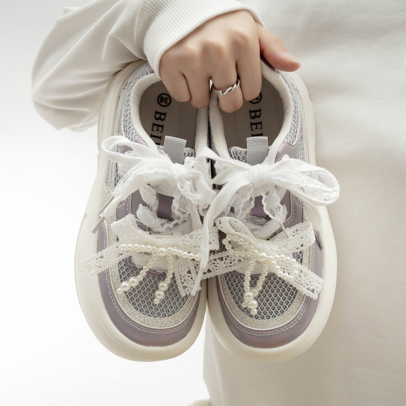 Damen Plattform Sneakers mit dekorativen Perlen und luftiger Mesh-Oberfläche