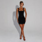 Damen glitzerndes Party-Kleid mit schmalem Schnitt und eckigem Ausschnitt R&B