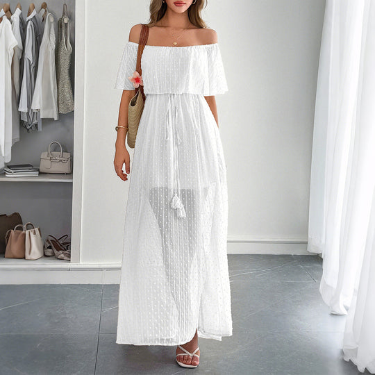 Damen Off-Shoulder Maxikleid mit feinem Punktedesign und Taillenbindung R&B