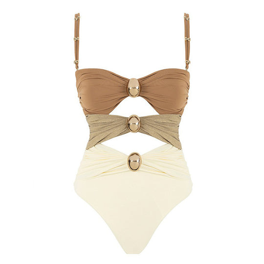 Damen Eleganter Bandeau-Einteiler Badeanzug mit modischem Ringdetail R&B