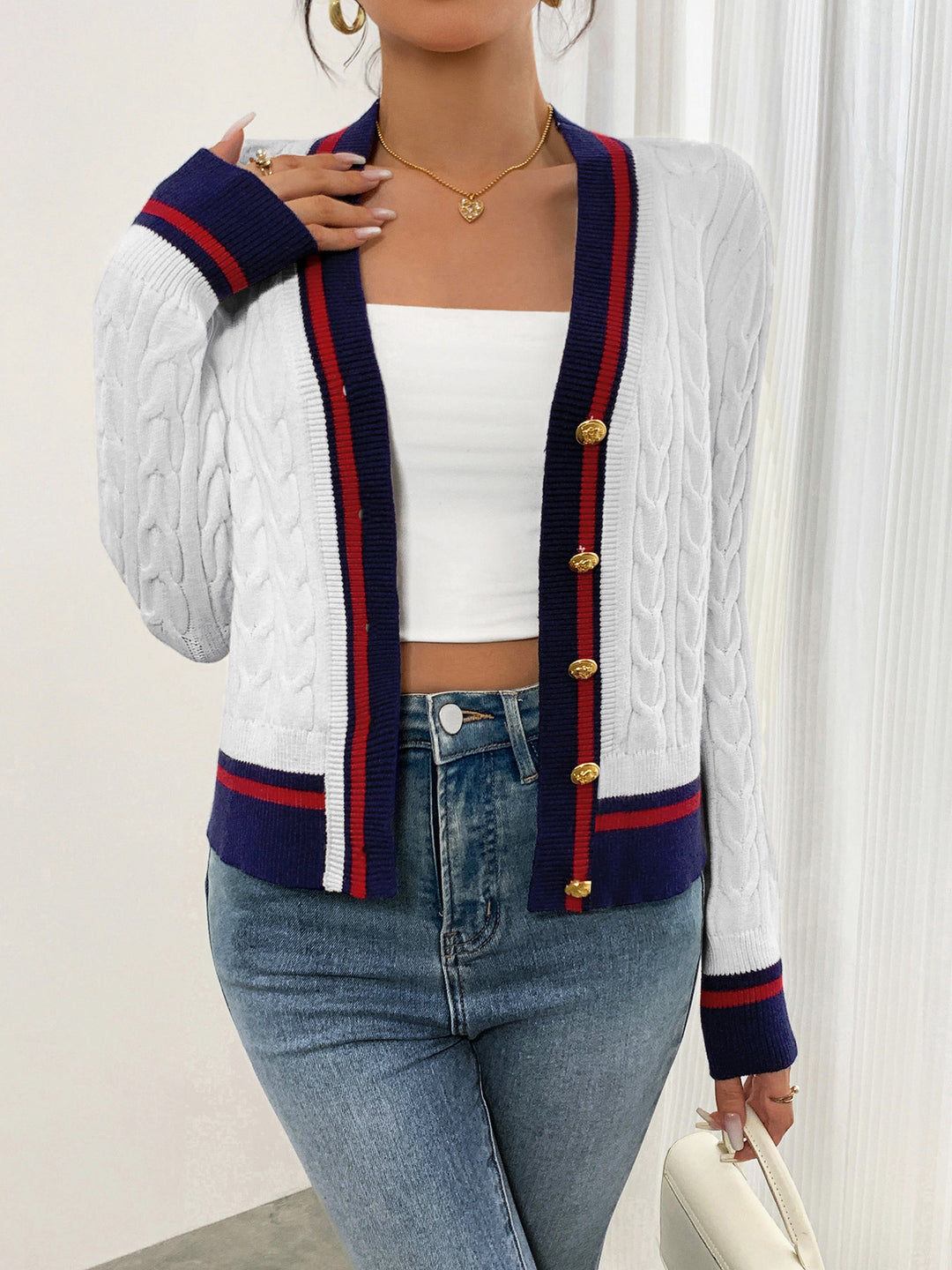 Damen modischer Kabelstrick-Cardigan mit zweifarbigem Abschluss R&B