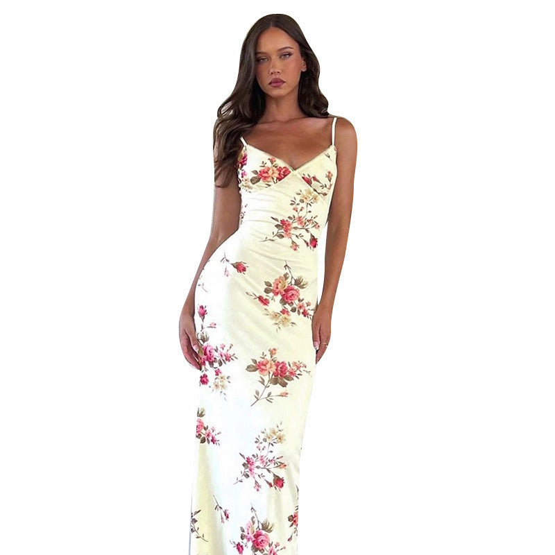 Damen elegantes Maxikleid mit zarten Rüschen und tiefem V-Ausschnitt R&B