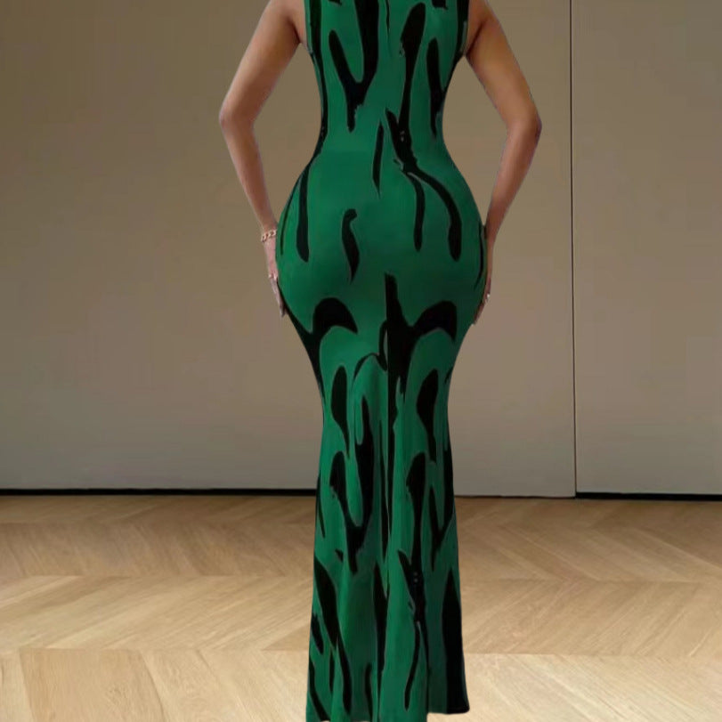 Damen elegantes Maxikleid mit figurbetontem Schnitt und trendigem Muster R&B