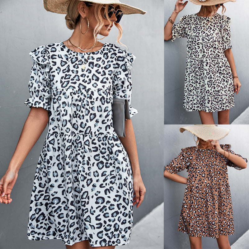Damen Freizeitkleid mit verspieltem Leopardenmuster und Rüschendetails R&B