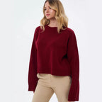 Damen gemütlicher Cropped-Pullover mit lässigen Ballonärmel und Rippstruktur R&B