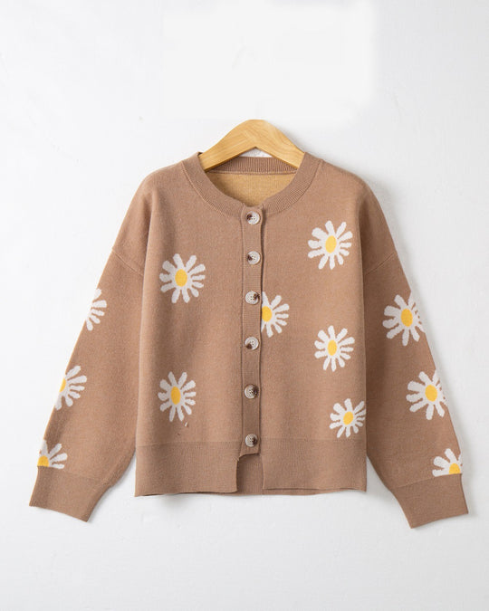 Damen modische Strickjacke mit floralem Muster und kurzen Ärmeln R&B