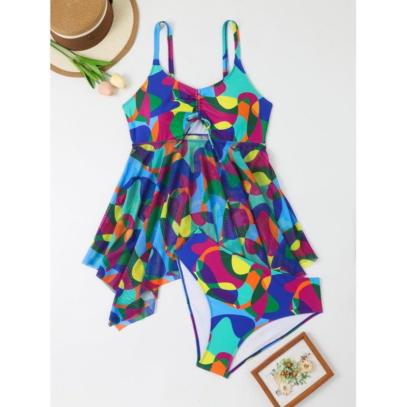 Damen vielseitiges Strandkleid mit modischem Schnitt und buntem Muster R&B