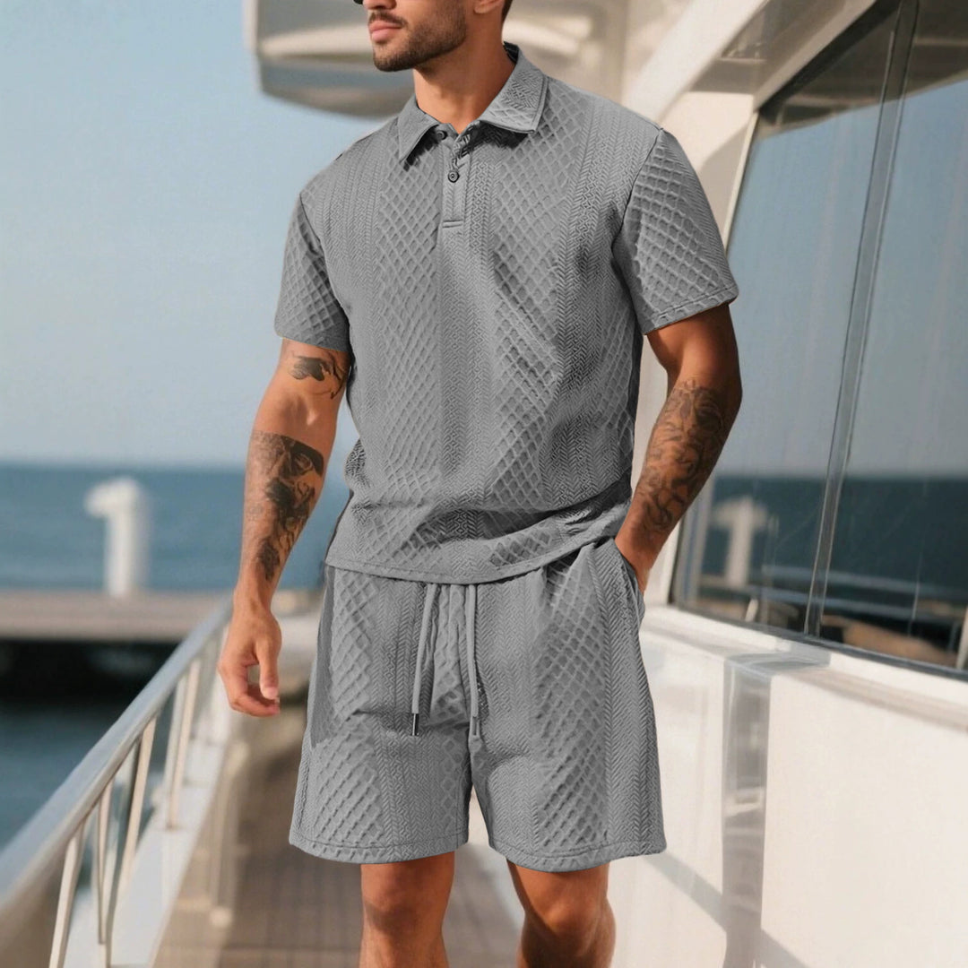 Herren nan dreidimensionales Relief-Freizeit-Set mit Polokragen, verdeckter Knopfleiste und elastischer Tunnelzugshorts R&B