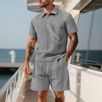 Herren nan dreidimensionales Relief-Freizeit-Set mit Polokragen, verdeckter Knopfleiste und elastischer Tunnelzugshorts R&B
