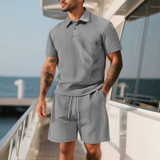 Herren nan dreidimensionales Relief-Freizeit-Set mit Polokragen, verdeckter Knopfleiste und elastischer Tunnelzugshorts R&B