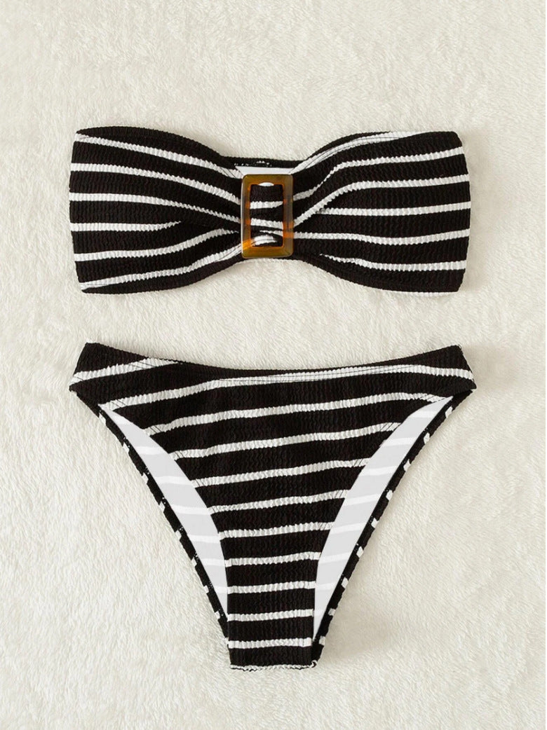 Damen Bandeau-Bikini mit modischem Streifenmuster und dekorativer Schnalle R&B