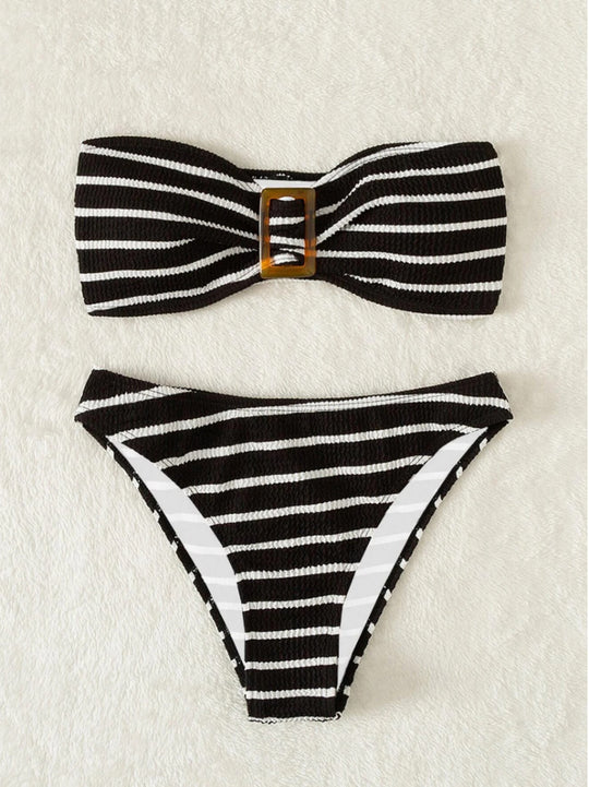 Damen Bandeau-Bikini mit modischem Streifenmuster und dekorativer Schnalle R&B